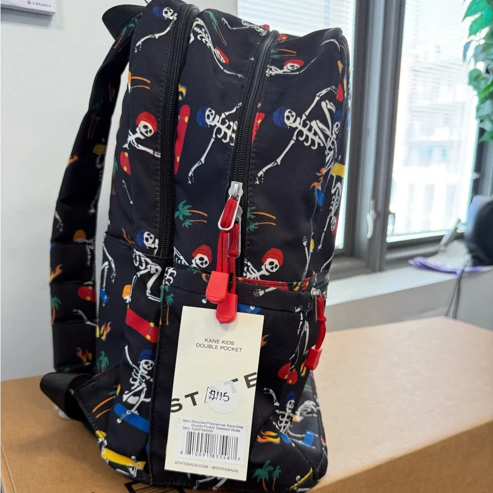 STATE Kids Backpack in Black with Multi-Color Skateboard Skeleton Print